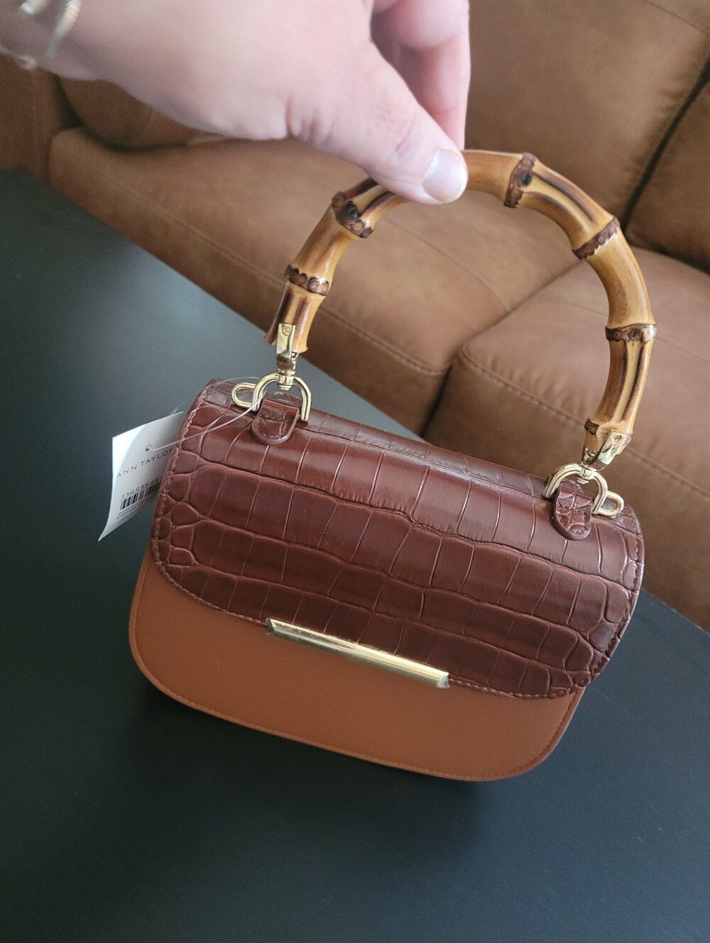 Ann Taylor Brown Croc-Textured Top Handle Bag with Bamboo Handle, Strap